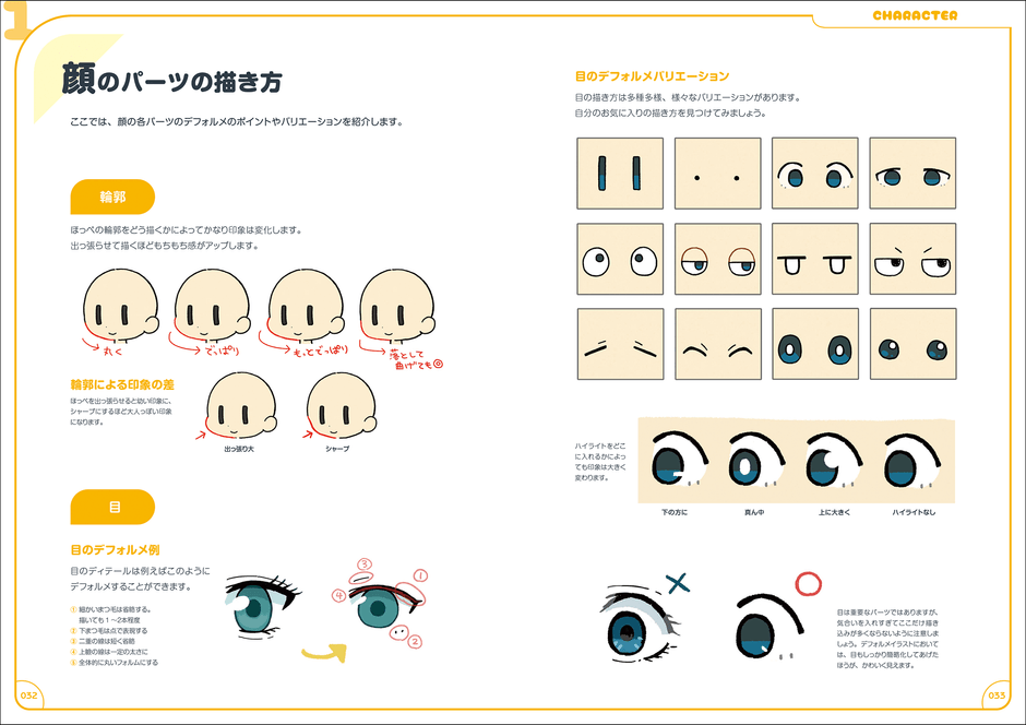 顔のパーツ描き方（輪郭や目など）