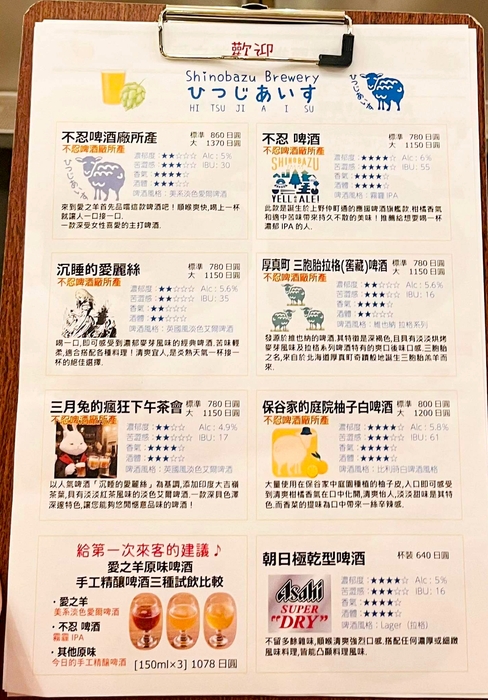 「シノバズブルワリー ひつじあいす」のビールメニュー表の中国語版
