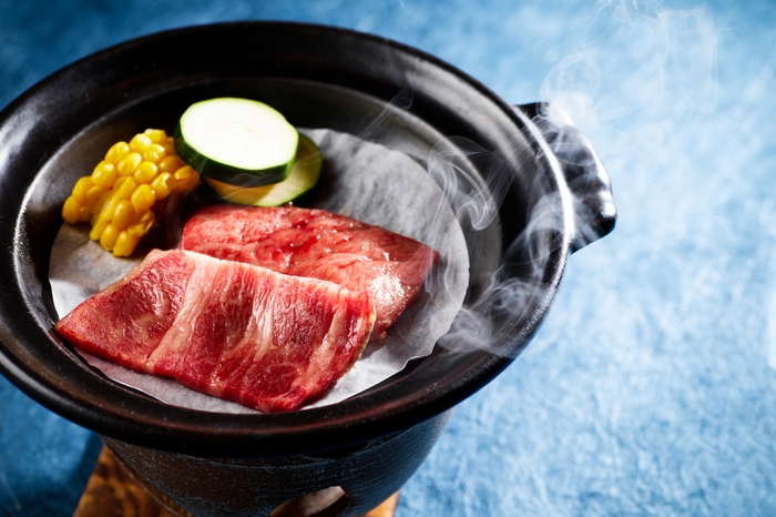 活イカプラン・但馬牛の陶板焼き