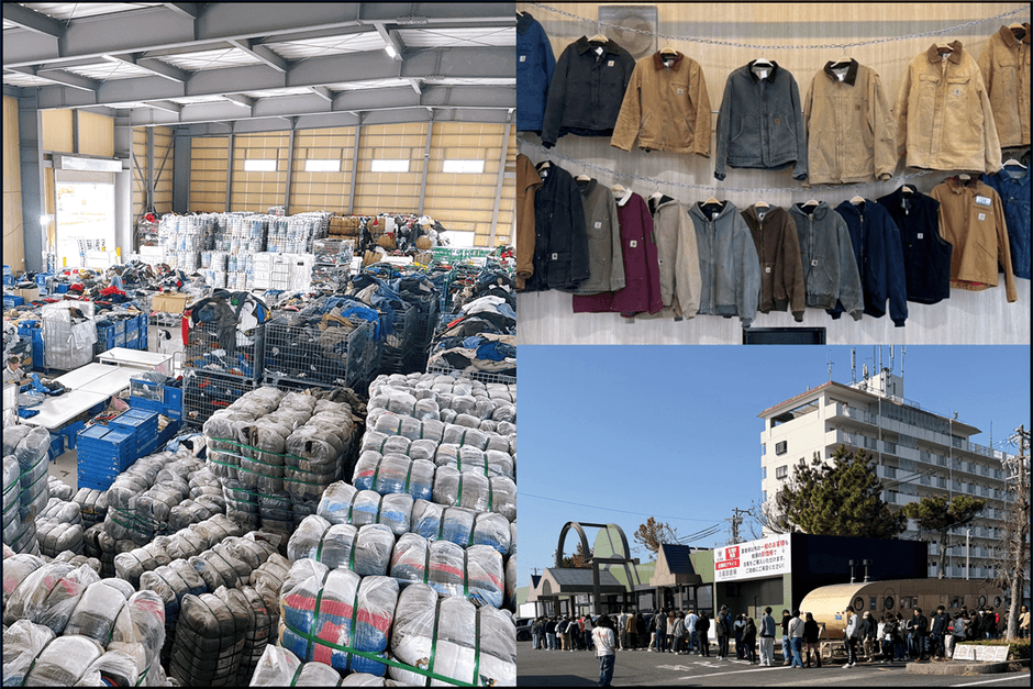 滋賀県のwarehouse CLASS1 JAPANの内部(左側)、静岡県の古着CLASS1浜松の商品(右上)および同店のオープン時の約700名の行列の様子(右下)