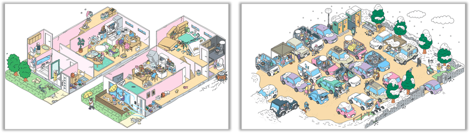 在宅避難と車中避難のイラスト