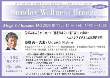 《医師・歯科医師・薬剤師向け》 無料オンラインセミナー11/12(日)朝10時開催　 『2024年4月から始まる「健康日本21(第三次)」に向けた ヘルスケアビジネスの戦略的展開』 講師：西根 英一先生(株式会社ヘルスケア・ビジネスナレッジ／ 代表取締役社長、事業構想大学院大学／特任教授)