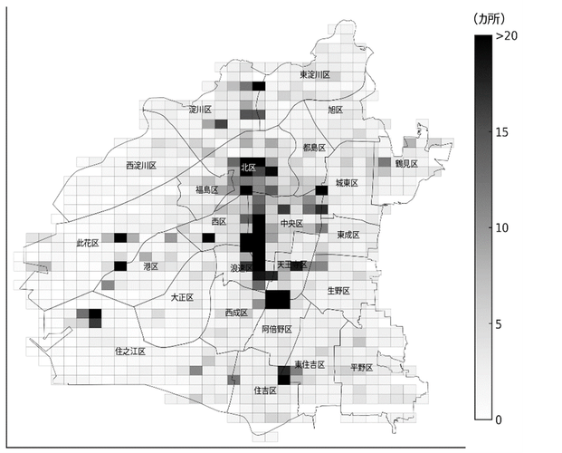 図1　500mメッシュ内の必要喫煙所数　「混雑統計®」©ZENRIN DataCom CO., LTD.