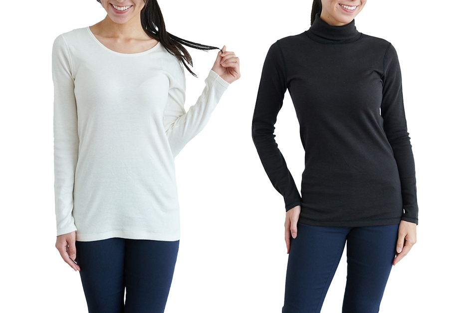 綿100%あったかインナー・タートルネック/クルーネック長袖レディース【縫い目外側・敏感肌に】