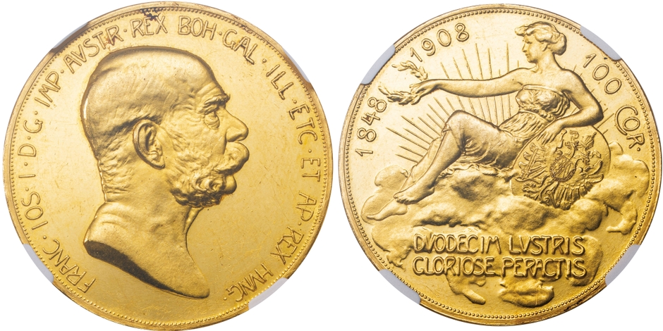 オーストリア フランツ・ヨーゼフ 1世治世 60周年記念 雲上の女神 100コロナ金貨　1908年