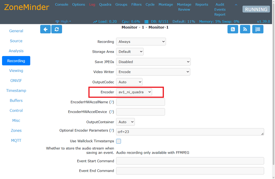 ZoneMinder画面例：保存時にVPUを選択可能