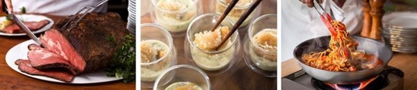 シェフの腕が光るライブキッチン 【左から】アメリカンローストビーフ、うろこ付き甘鯛の海苔ソース、本日のパスタ
