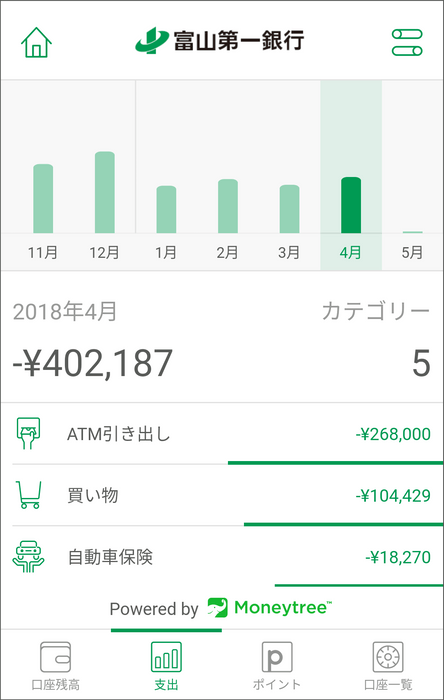 月別支出表示グラフ機能画面