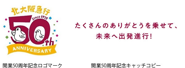 左から)開業50周年記念ロゴマーク、開業50周年記念キャッチコピー
