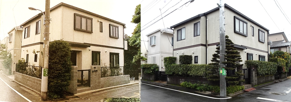 新築当時の生垣(左) 28年間手入れをし、成長した生垣(右)