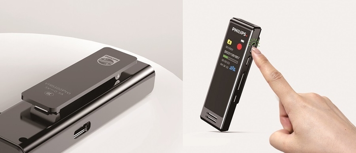 〔左:背面にクリップ/右:操作ボタンは4つ〕