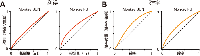 図２．サルの主観的な利得と主観的な確率の感じ方