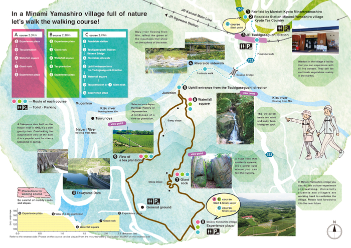 梅木さんが主体となり英語版と日本語版のマップを作成 「南山城村 森林ウォーキングコース」（中面）