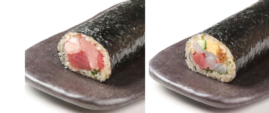 赤酢のシャリを用いた「近大生まれのマグロづくし恵方巻」(左)と「近大生まれの近大海鮮恵方巻」(右)