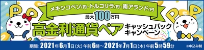 ＦＸプライムｂｙＧＭＯ、 【最大100万円】の高金利通貨ペア キャッシュバックキャンペーンを6月も継続！