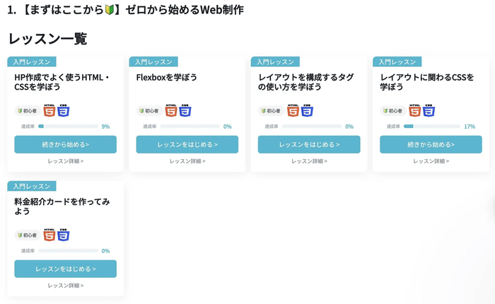 HTML/CSSのレッスン一覧の例