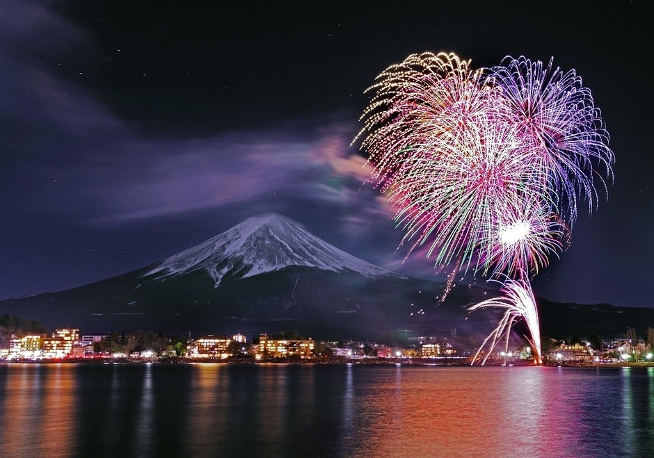 河口湖畔から見た冬花火