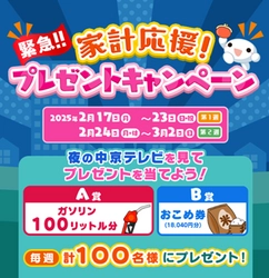 緊急！！家計応援！プレゼントキャンペーン 2月17日～3月2日に実施　夜の中京テレビを見て応募しよう！