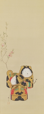 渡邊省亭「桃犬張子図」