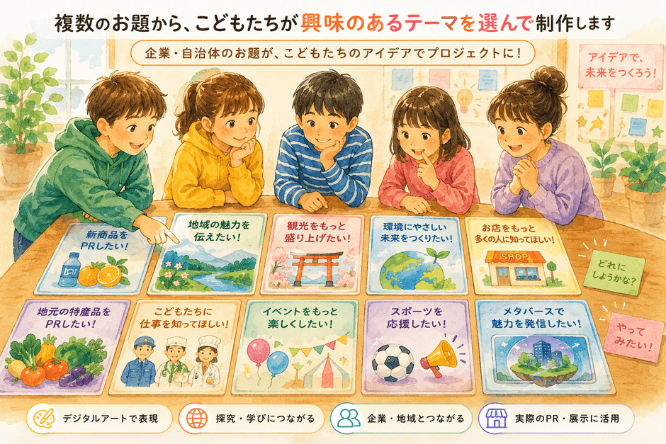 複数のお題から、こどもたちが興味のあるテーマを選んで制作するイメージ