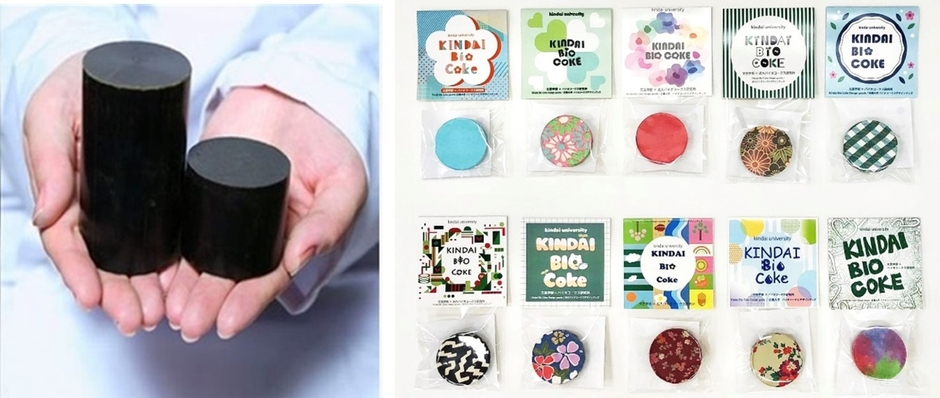 バイオコークス(左)とバイオコークスをPRするために制作したバッジ(右)