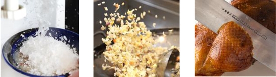 (左)中国風冷やしサムゲタン(ディナー) (中央)月替り三色炒飯 (右)北京ダック(ディナー)