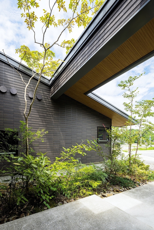 玄関アプローチと前栽にはライトウェルから光が注がれる