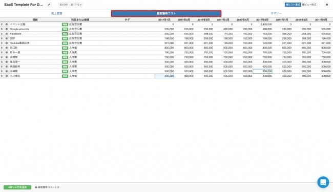 【↑実績管理用特殊シート(顧客獲得コスト入力画面)】