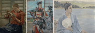 左:読書(明治24年〔1891〕)、中央:重要文化財 舞妓(明治26年〔1893〕)、右:重要文化財 湖畔(明治30年〔1897〕)※いずれも黒田清輝筆、東京国立博物館所蔵