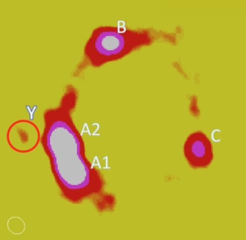図2 アルマ望遠鏡によるMG0414+0534のサブミリ波画像。赤い円内が暗黒矮小銀河(Y)由来と考えられる光。