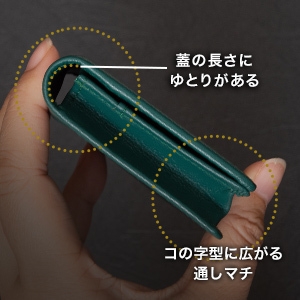 特徴(2)-1：収納枚数に応じてフィットする「柔軟な蓋」と「コの字型のマチ」