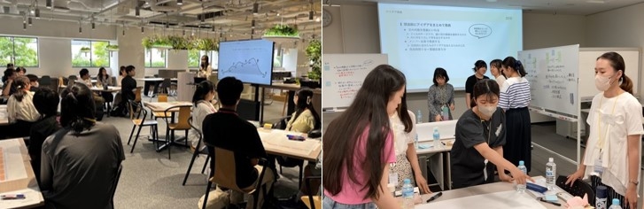 令和5年(2023年)9月に近畿大学が電通総研と行ったキャリア教育プログラムの様子(左)、令和5年(2023年)9月に東京女子大学が電通総研と行ったキャリア教育プログラムの様子(右)