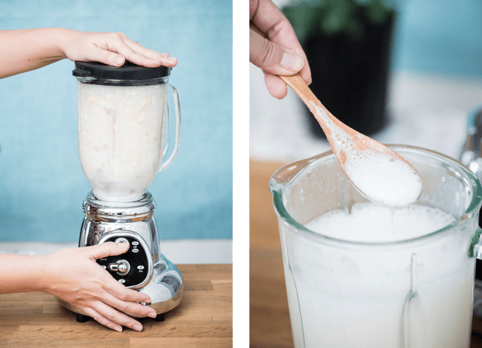 (2)アーモンドをミキサーで撹拌する