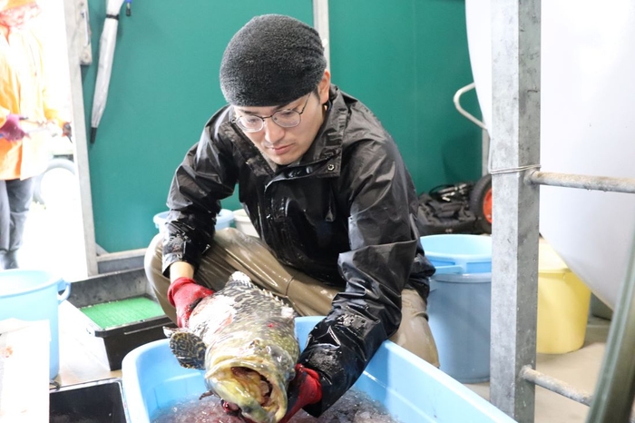 1年半で5.5キロまで育った“大物”を手にする三輪さん