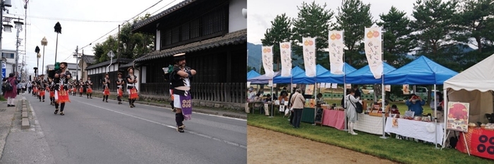 昨年の「松代藩真田十万石まつり」(左)と「あんずマルシェ」(右)