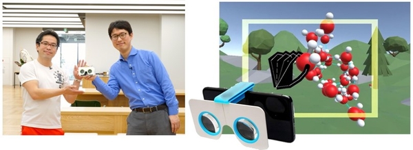VR-MDデバイスを持つ佐藤氏と松田氏(左)、VR-MDによるVR空間(右)
