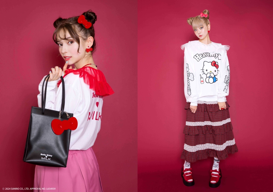 左)ロンT 7,920円/バレッタ 7,150円/バッグ 15,400円 右)スウェット 18,150円/バレッタ 7,150円/ソックス 3,850円(全て税込み)