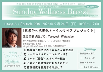 《医師・歯科医師・薬剤師向け》 無料オンラインセミナー5/24(日)朝10時開催　 『抗疲労∞抗老化トータルリペアプロジェクト』 渡辺 恭良 先生　 (神戸大学大学院科学技術イノベーション研究科 / 特命教授)