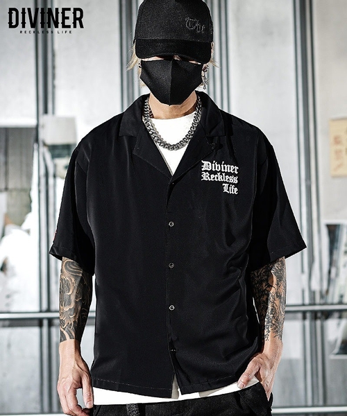 【Black Letter】Rear Embroidery Open Collar Shirt