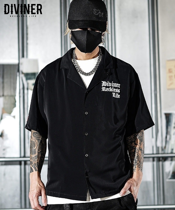 【Black Letter】Rear Embroidery Open Collar Shirt