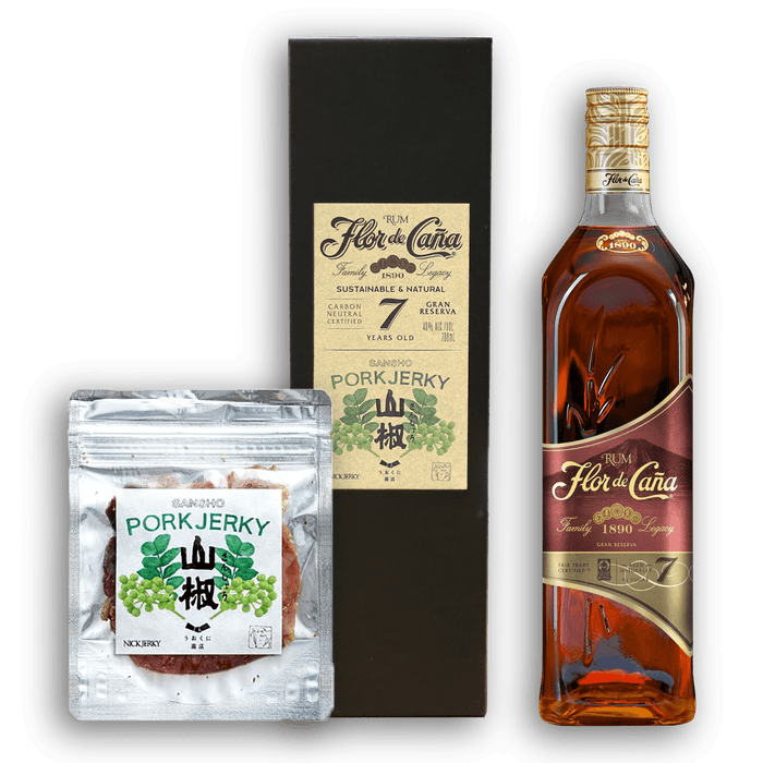 【フロール・デ・カーニャ7年】と【NICK JERKY 山椒ポークジャーキー】