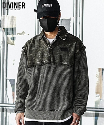 Dirty Switching Knit Polo Shirt(カーキ)