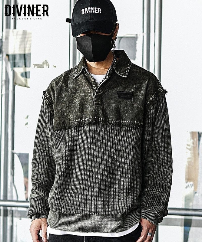Dirty Switching Knit Polo Shirt(カーキ)