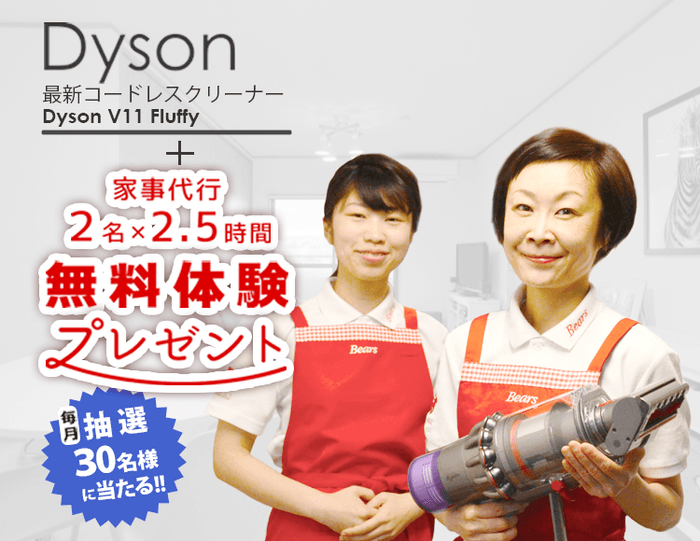 ベアーズの家事代行2名2.5時間+dyson最新コードレスクリーナー無料体験