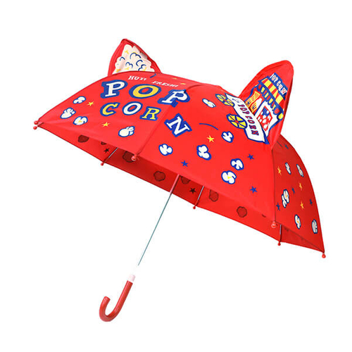 「キッズ傘 ポップコーン」価格：869円／サイズ：親骨の長さ46cm／アライグマのポップコーン屋さんデザインのキッズ傘です。傘を開くとポップコーンやお店が飛び出します。