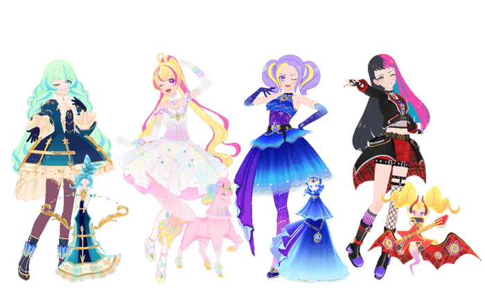 左から、キューピット(ラブサジタリウス)・ハナ(オーロラペガサス)・ルリ(ブライトサファイア)・ビート(ブラッディロック)