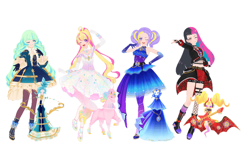 左から、キューピット(ラブサジタリウス)・ハナ(オーロラペガサス)・ルリ(ブライトサファイア)・ビート(ブラッディロック)