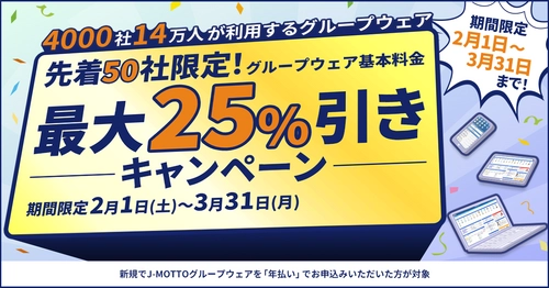 J-MOTTOグループウェアに新規ご入会いただいた先着50社限定！ 利用料金が最大25％引きになるキャンペーンを2月1日から実施