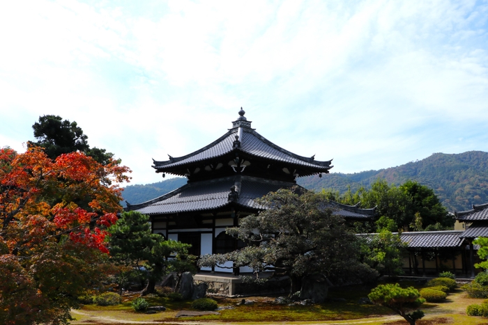 創建以来初となる大規模補修が完了し、嵐山を借景に往時の姿が甦った鹿王院舎利殿　（2023/10/23撮影）