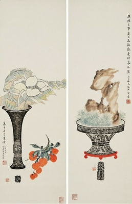 博古花卉図軸（二幅対）